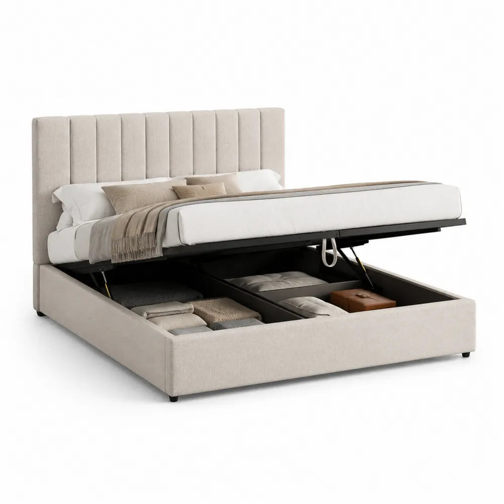 Polsterbett mit Stauraum 180 x 200 cm Doppelbett mit gepolstertem Kopfteil Polyesterbezug Beige
