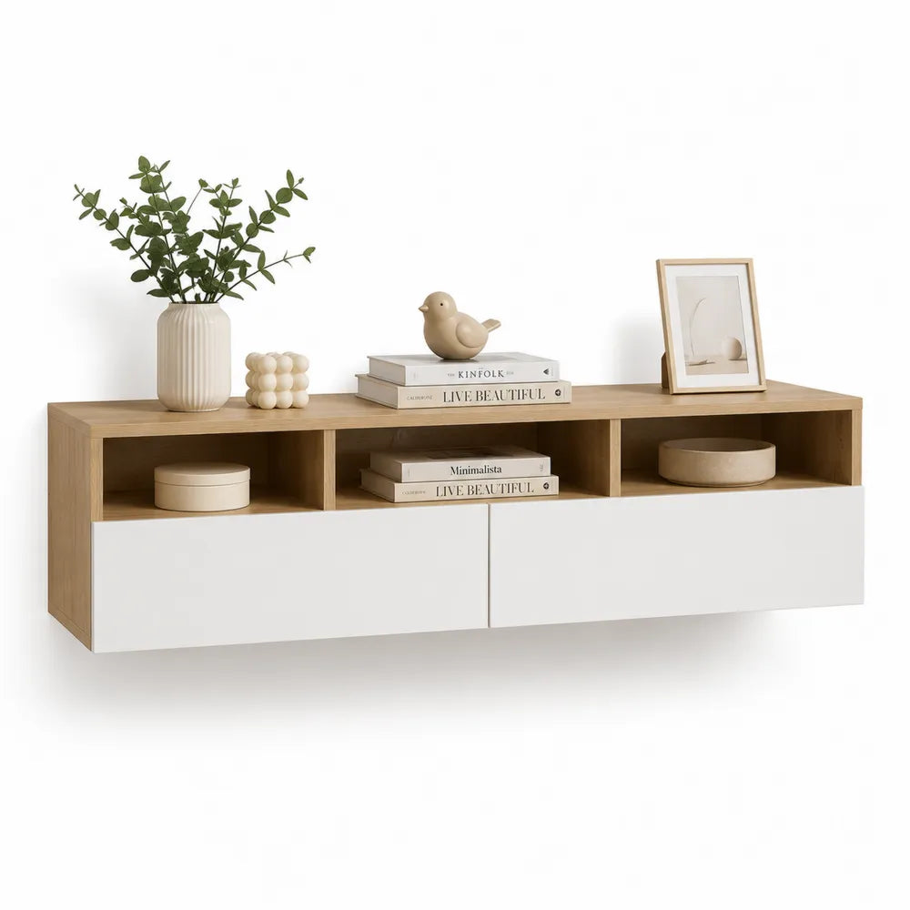 Wandregal mit Schubladen Ablagefächern MDF Weiß Natur 180 x 30 x 45 cm