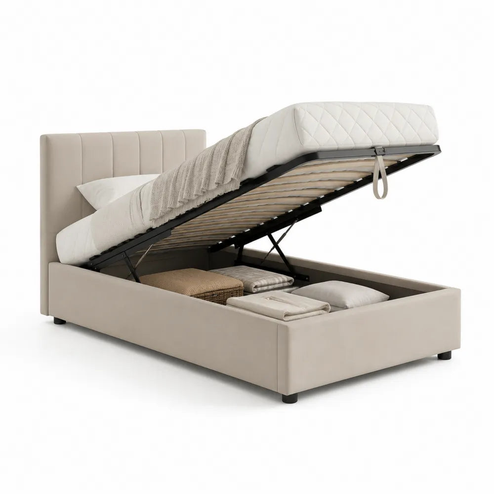 Stauraumbett Doppelbett Polsterbett Stoffbezug Beige 180 x 200 cm