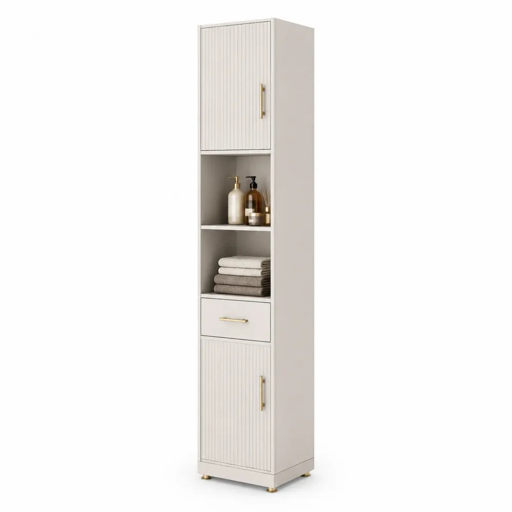 Badezimmerschrank Hochschrank MDF mit Türen Schublade Ablagefächern Weiß Gold 35 x 30 x 180 cm