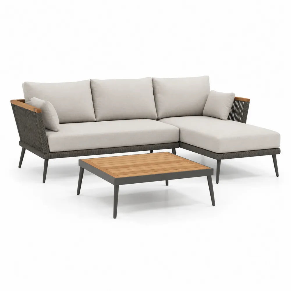 Gartensofa Set Ecksofa mit Couchtisch Aluminium Akazienholz Polyesterkissen grau beige 240 x 170 x 75 cm