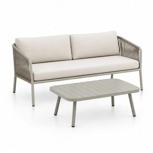 Gartensofa Set mit Couchtisch Aluminium Textilene Polyesterkissen Grau Beige 180 cm x 70 cm x 75 cm