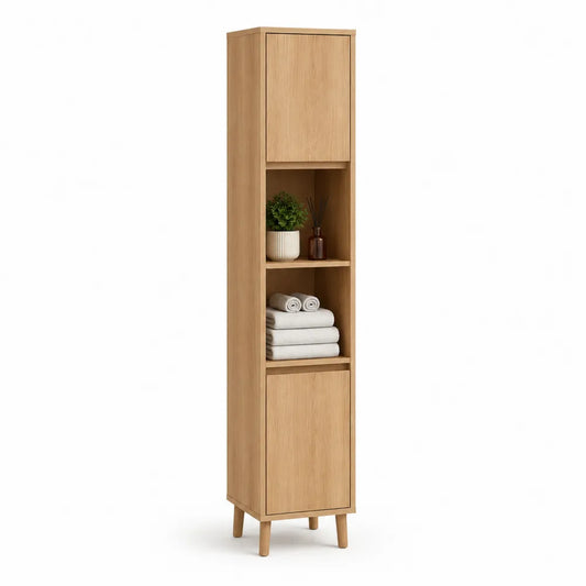 Badezimmer Hochschrank mit Türen und Ablagefächern MDF Holzdekor beige 35 x 32 x 180 cm