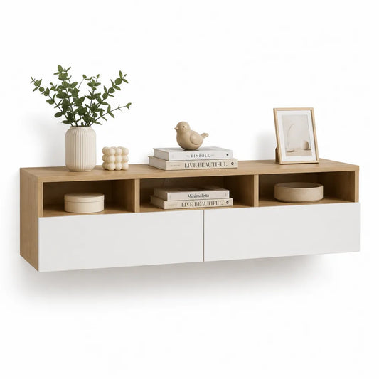 Wandregal mit Schubladen Ablagefächern MDF Weiß Natur 180 x 30 x 45 cm