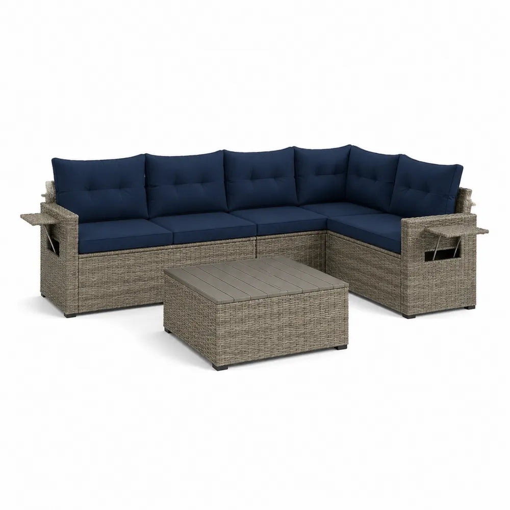 Gartenlounge Set Ecksofa mit Tisch PE Rattan Aluminium Sitzkissen Grau Blau 260 cm x 200 cm x 75 cm