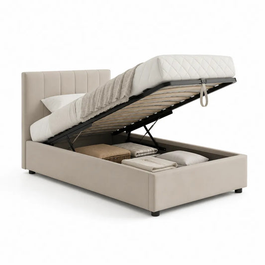 Stauraumbett Doppelbett Polsterbett Stoffbezug Beige 180 x 200 cm