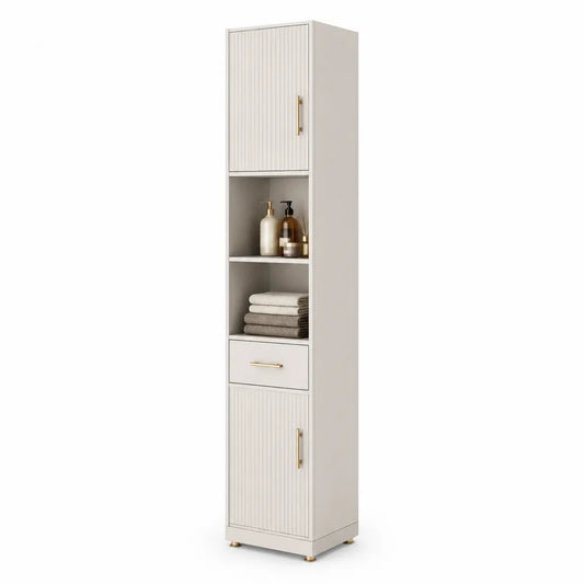 Badezimmerschrank Hochschrank MDF mit Türen Schublade Ablagefächern Weiß Gold 35 x 30 x 180 cm