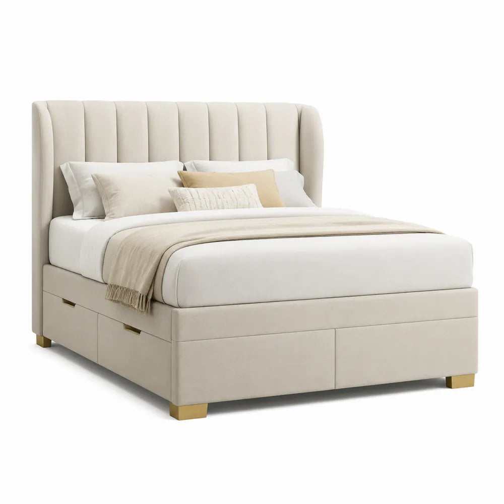 Stauraumbett Doppelbett 180 x 200 cm mit Schubladen gepolstertem Kopfteil Polyesterbezug Beige