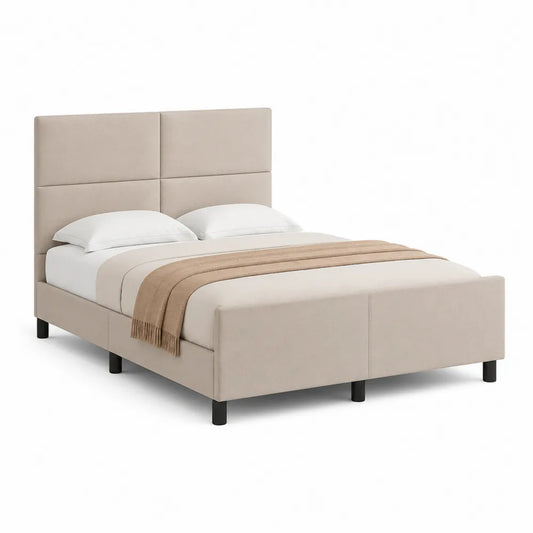Polsterbett 180x200 cm Doppelbett mit gepolstertem Kopfteil aus Polyestergewebe Beige