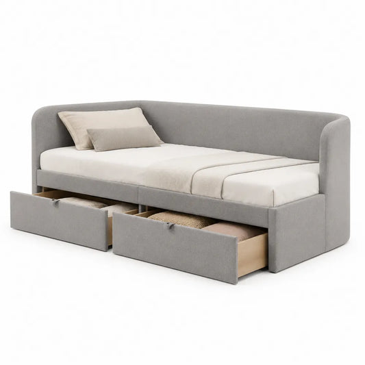 Stauraumbett 90x200 cm Einzelbett mit Schubladen gepolstertes Bettgestell aus Polyestergewebe Grau