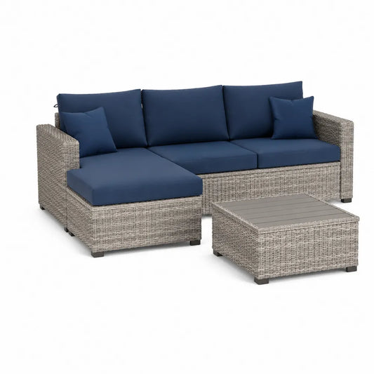 Gartenlounge Set Ecksofa Tisch PE Rattan Stahlgestell Polyesterkissen Blau Grau 240 x 180 x 70 cm