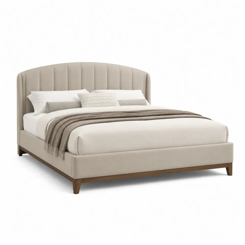 Polsterbett 180x200 cm Doppelbett mit gepolstertem Kopfteil aus Polyestergewebe Beige