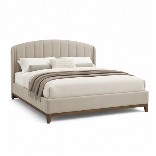Polsterbett 180x200 cm Doppelbett mit gepolstertem Kopfteil aus Polyestergewebe Beige