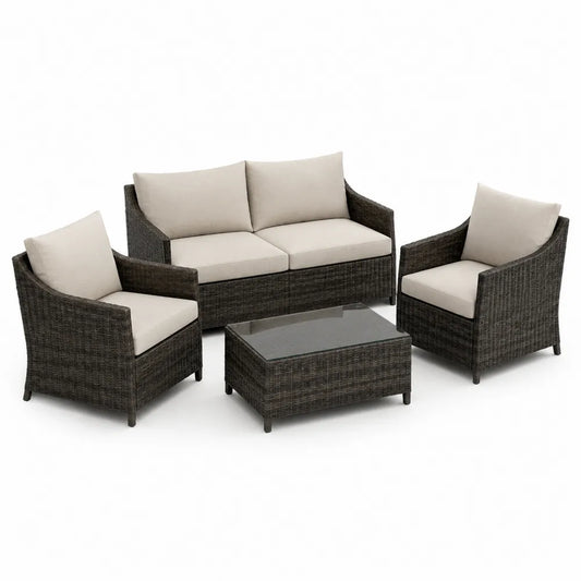 Gartenlounge Set 5-teilig Sofa Sessel Tisch PE Rattan Glasplatte Polyesterkissen Schwarz Beige 220 cm x 220 cm x 70 cm