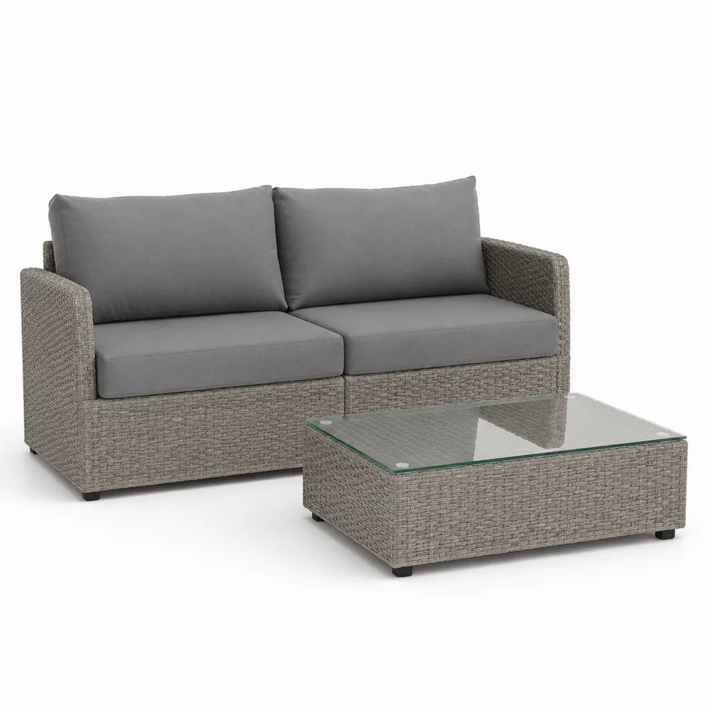 Gartenlounge Set 2-teilig Sofa Tisch PE Rattan Glasplatte Polyesterkissen Grau 200 cm x 75 cm x 80 cm