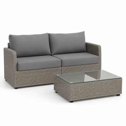 Gartenlounge Set 2-teilig Sofa Tisch PE Rattan Glasplatte Polyesterkissen Grau 200 cm x 75 cm x 80 cm